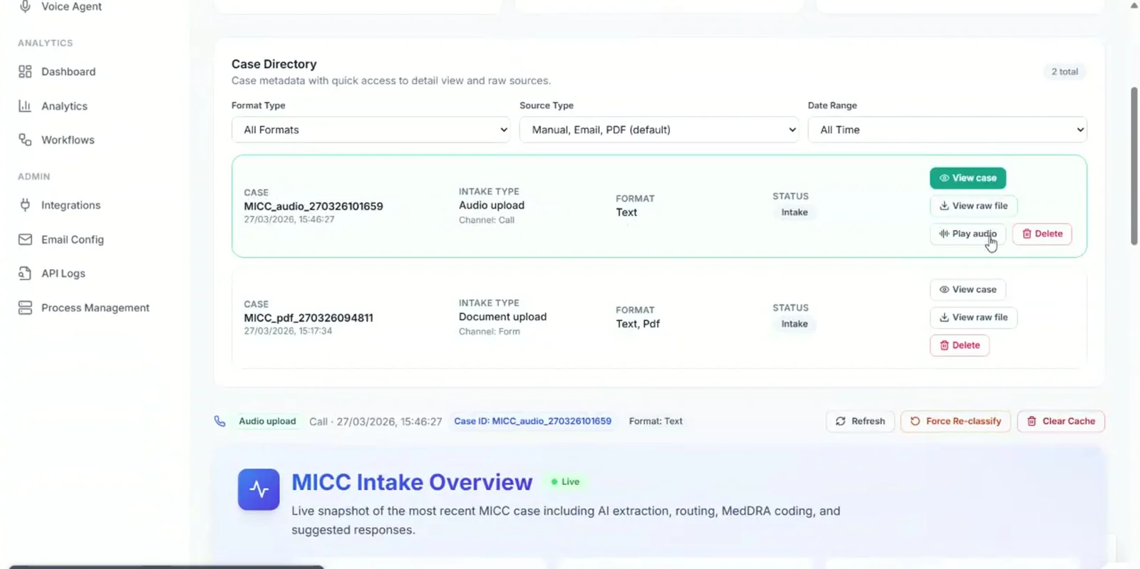 MICC case directory with audio and document intake